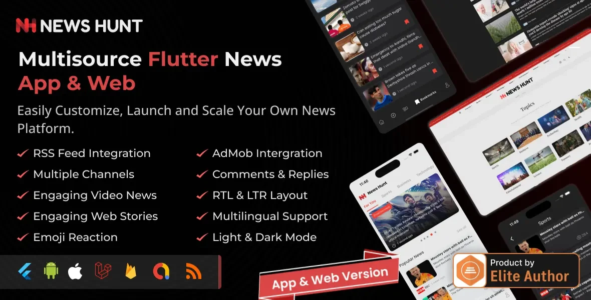 News Hunt - Flutter News app for Android and iOS with Laravel Admin Panel