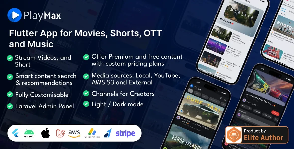 Playmax Flutter app for Online Videos, Reels & Shorts with Laravel Admin Panel promotional banner