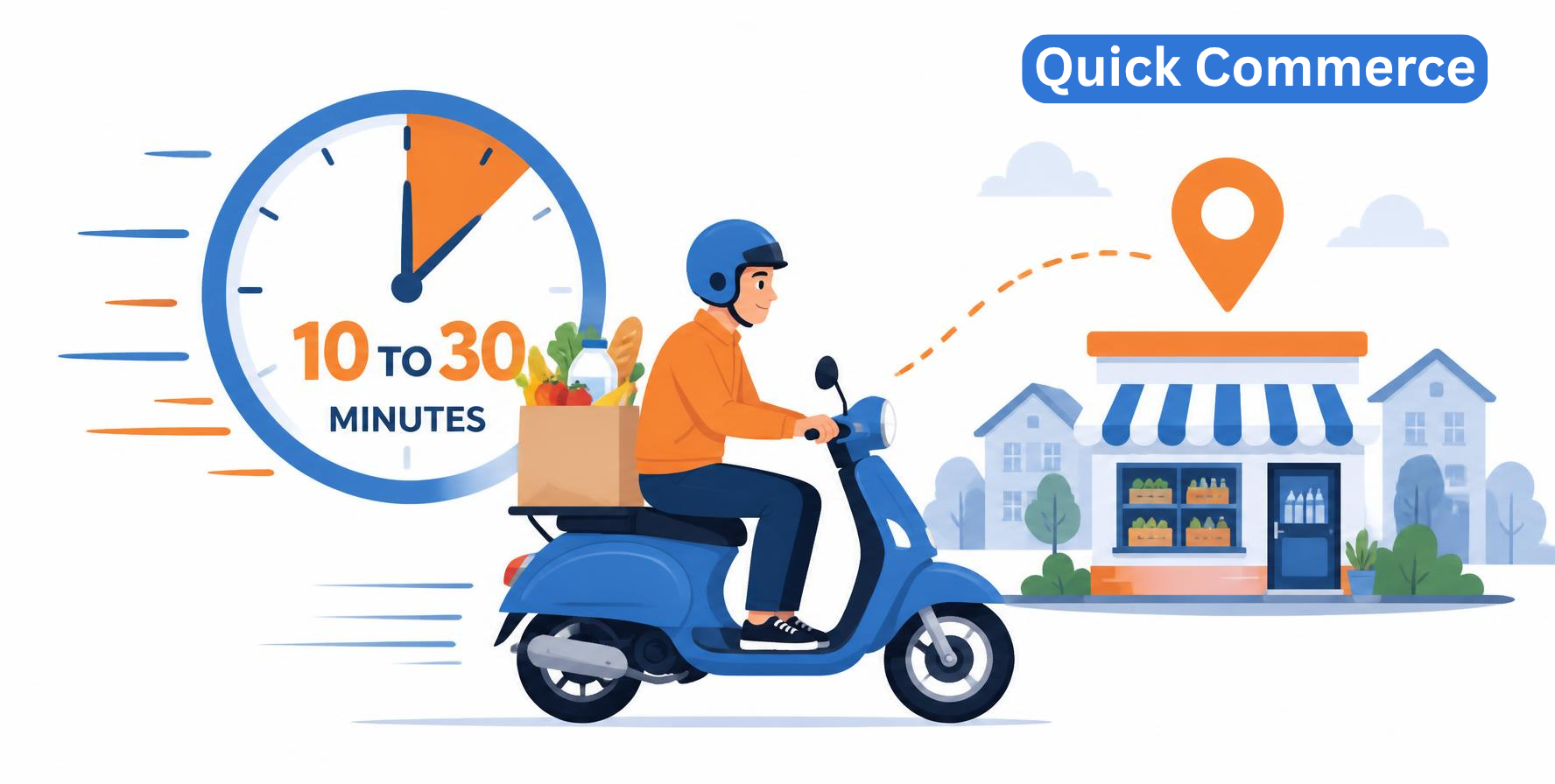 Delivery rider carrying a grocery bag for a quick commerce order