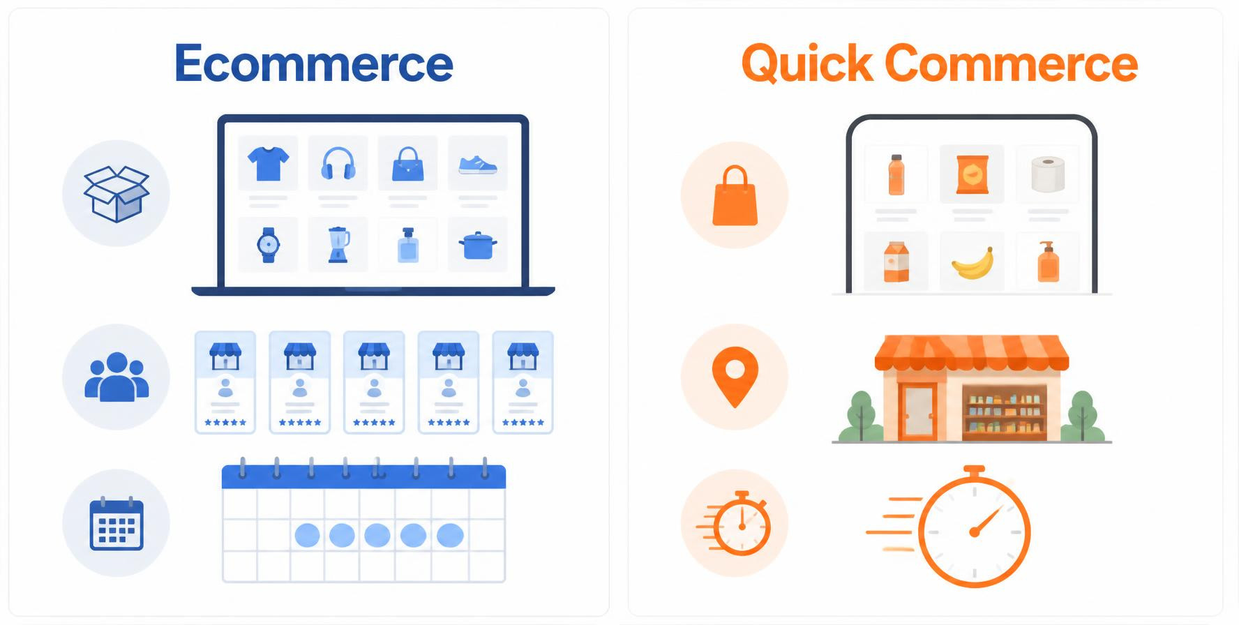 Comparison of ecommerce and quick commerce by delivery speed, catalog size, and fulfillment