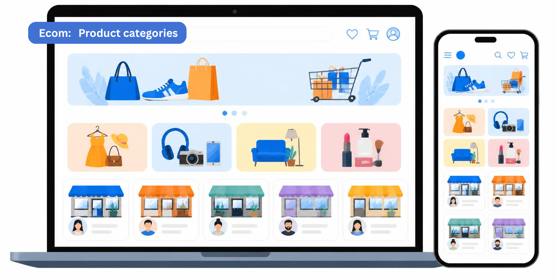 Multivendor ecommerce marketplace with product categories and seller listings