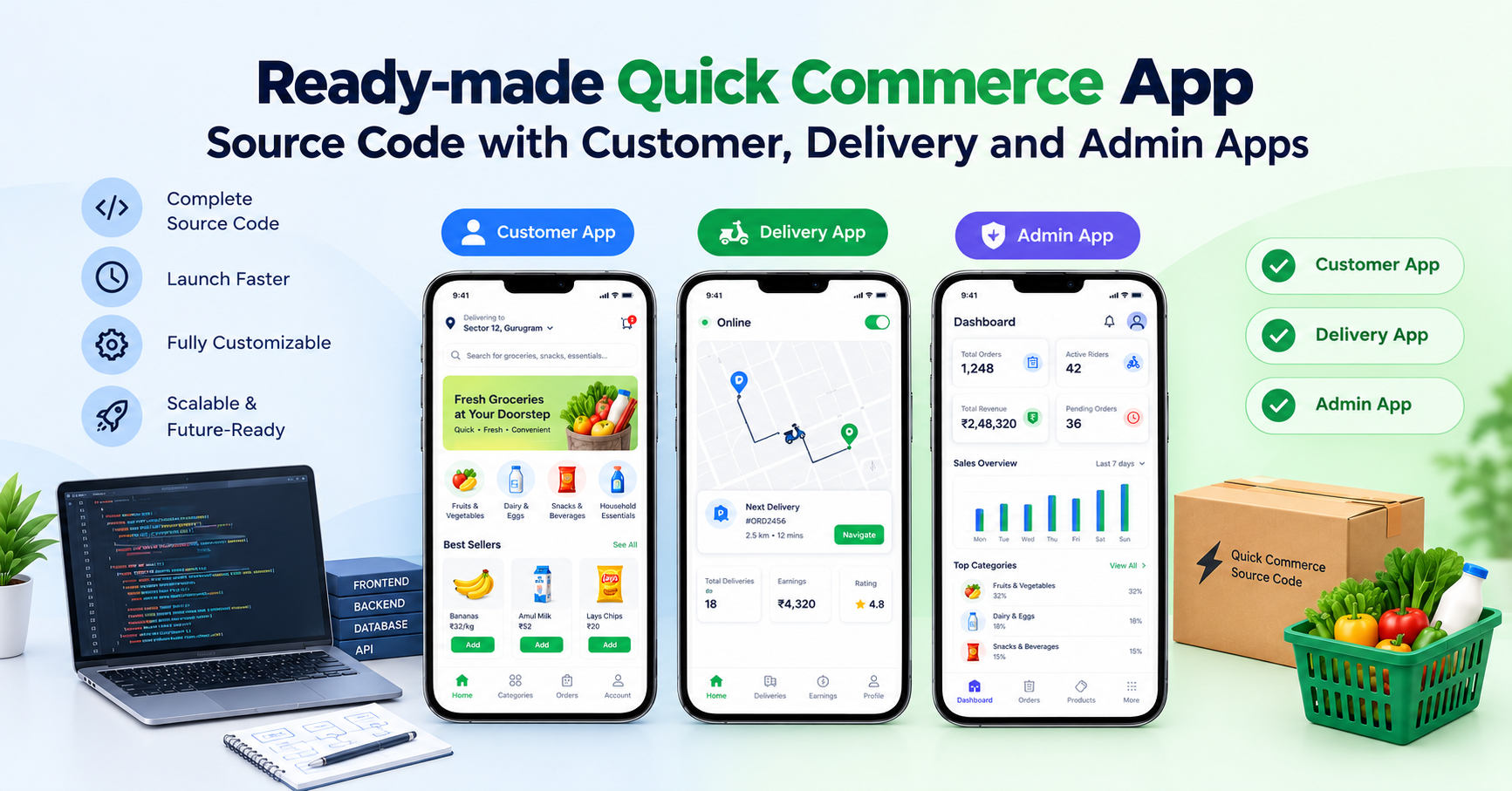 Ready-made quick commerce app source code with customer, delivery and admin apps