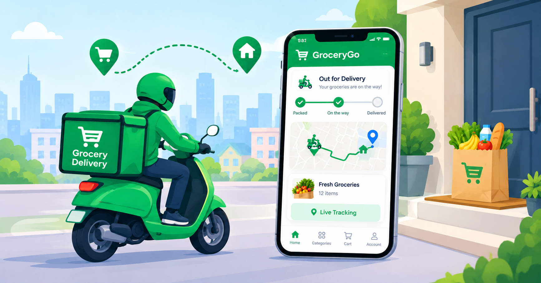 Delivery rider using a quick commerce grocery delivery app